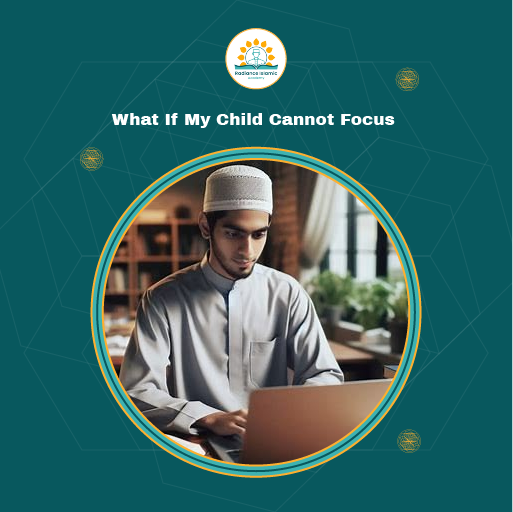 Can You Learn Quran Online with a Busy Schedule A young Muslim man wearing a white prayer cap and silver-grey thobe sitting at a desk and typing on a laptop, framed inside a circular border on a teal background with the Radiance Islamic Academy logo.