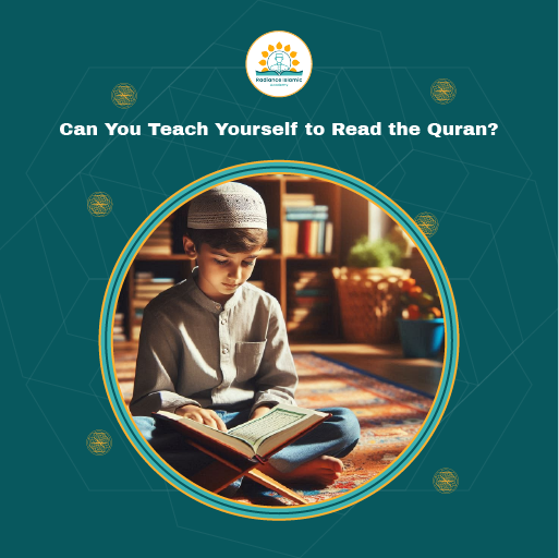 A promotional graphic for Radiance Islamic Academy with the heading "Can You Teach Yourself to Read the Quran?" in bold white text. The design features a dark teal background with a central circular frame enclosing an illustration of a young Muslim boy wearing a white knit kufi cap and a grey mandarin collar shirt, sitting on a colorful patterned rug and reading an open Quran on a wooden stand.