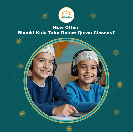A promotional graphic for Radiance Islamic Academy with the heading "How Often Should Kids Take Online Quran Classes?" in bold white text. The design features a dark teal background with a central circular frame enclosing a photograph of two young, smiling boys wearing white prayer caps and black headsets with microphones, sitting next to each other.