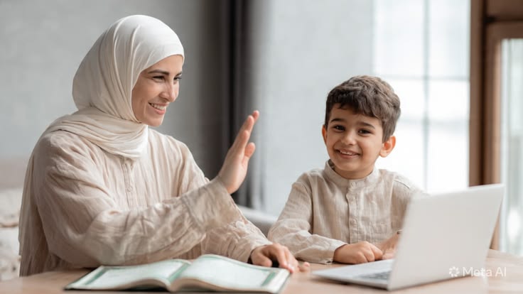 How Parents Can Support Online Quran Learning at Home A horizontal photograph of a smiling woman wearing a white hijab and a young boy in a beige linen shirt sitting at a wooden desk, raising a hand in a high-five gesture toward an open laptop next to an open Quran.