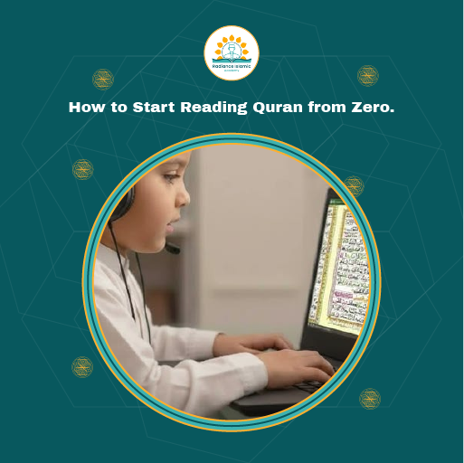 A promotional graphic for Radiance Islamic Academy with the heading "How to Start Reading Quran from Zero." in bold white text. The design features a dark teal background with a central circular frame enclosing a photograph of a young boy wearing a white shirt and a headset with a microphone, using a laptop that displays an open Quran on the screen.