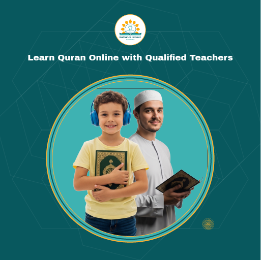 A young boy wearing blue headphones and a yellow t-shirt holding a green Quran in front of a smiling male teacher in a white thobe and Kufi holding an open Quran, framed in a circle on a teal background with the title "Learn Quran Online with Qualified Teachers" and the Radiance Islamic Academy logo.