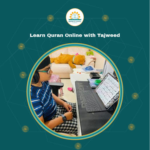 Learn Quran Online with Tajweed A promotional graphic for Radiance Islamic Academy with the heading "Learn Quran Online with Tajweed" in bold white text. The design features a dark teal background with a central circular frame enclosing a photograph of a young boy wearing a striped t-shirt, glasses, and a black head covering, sitting at a desk and reading from a tablet screen that displays a page of the Quran in traditional Arabic script with Tajweed markings.