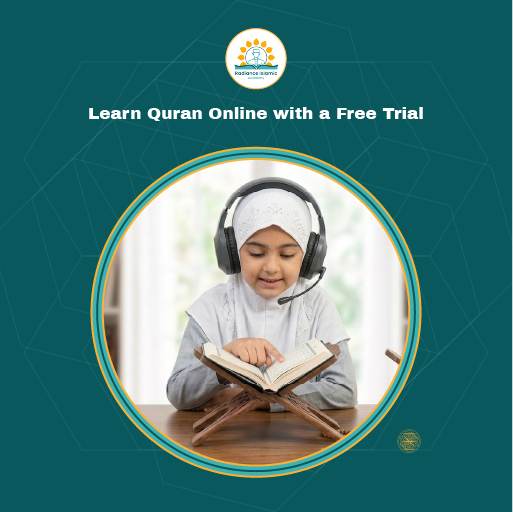 A young girl wearing a white embroidered hijab and over-ear headphones with a headset microphone, pointing at an open Quran resting on a wooden book stand (Rahl), framed inside a circular border on a teal background with the heading "Learn Quran Online with a Free Trial" and the Radiance Islamic Academy logo.