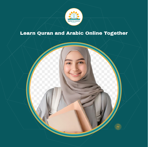 Learn Quran and Arabic Online Together A smiling young girl wearing a grey hijab and carrying a backpack and books, shown inside a circular frame on a teal background featuring the text "Learn Quran and Arabic Online Together" and the Radiance Islamic Academy logo.