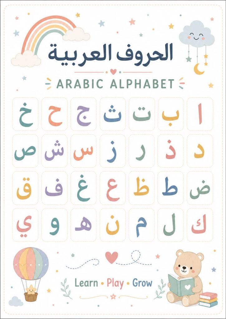 A colorful educational poster of the Arabic alphabet for children. The poster displays 28 Arabic letters in pastel colors inside dotted square boxes, with the Arabic heading "الحروف العربية" and English title "ARABIC ALPHABET" at the top, decorated with a rainbow, stars, a hot air balloon, and a cute teddy bear reading a book.