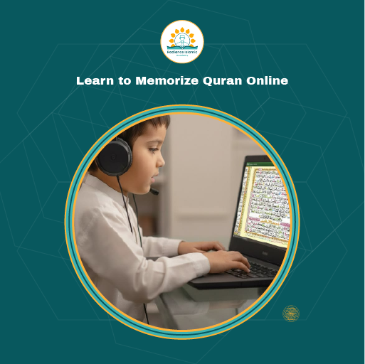 Learn to Memorize Quran Online A promotional graphic for Radiance Islamic Academy with the heading "Learn to Memorize Quran Online" in bold white text. The design features a dark teal background with a central circular frame enclosing a photograph of a young boy wearing a white shirt and a black headset, sitting at a desk and looking at a laptop displaying an open Quran with traditional Arabic script on the screen.