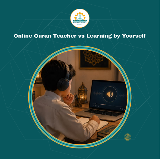 An over-the-shoulder view of a young boy wearing headphones sitting at a desk, looking at an audio waveform playing on a laptop screen while holding a pen over a notebook, enclosed in a circular frame on a teal background with the text "Online Quran Teacher vs Learning by Yourself" and the Radiance Islamic Academy logo.