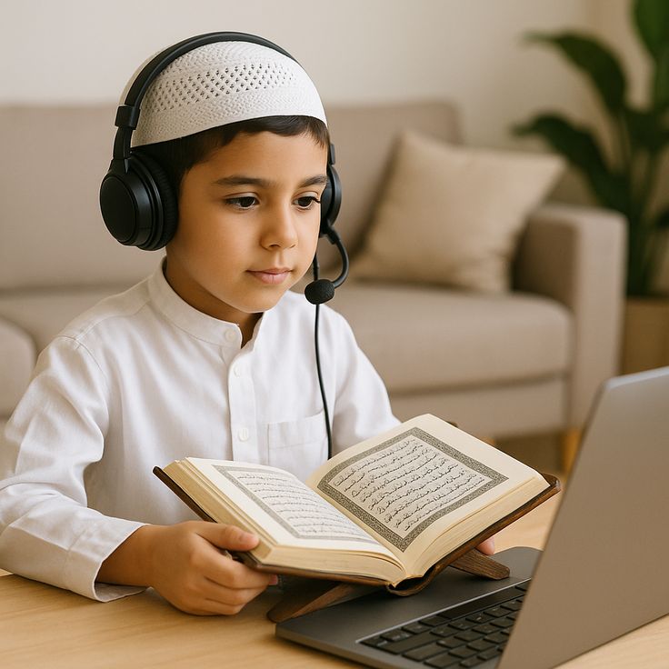 A young boy wearing a white prayer cap and headset sitting at a wooden table in a home setting, holding open a physical Quran while following along with an online teacher on a laptop.