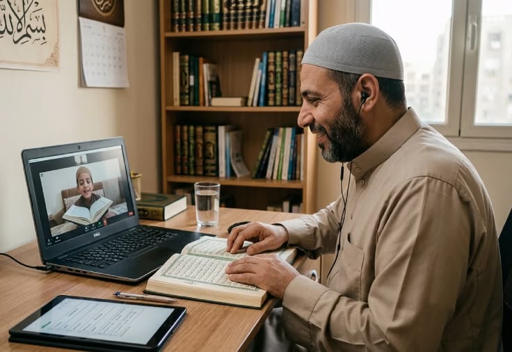 Pronunciation Should Be Corrected During Memorization A smiling male Quran teacher wearing a grey prayer cap and earphones sits at a desk, looking at an open Quran while conducting a live video lesson on a laptop with a young boy student reading on the screen.