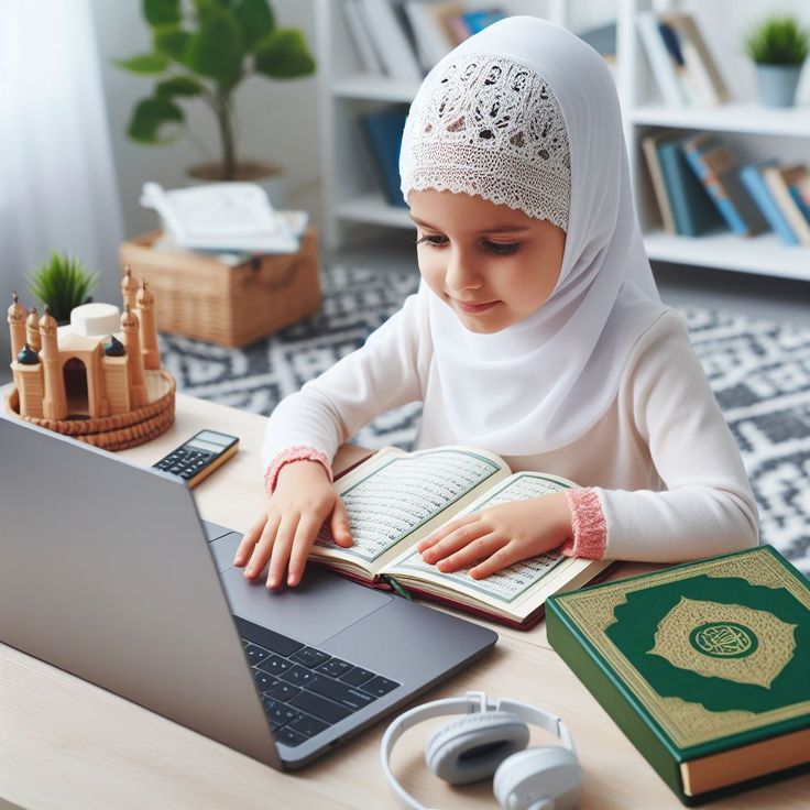 A square digital illustration of a young Muslim girl wearing a white lace-trimmed hijab, sitting at a wooden desk while looking at an open Quran placed over her laptop keyboard, with a closed green Quran and white headphones in the foreground.