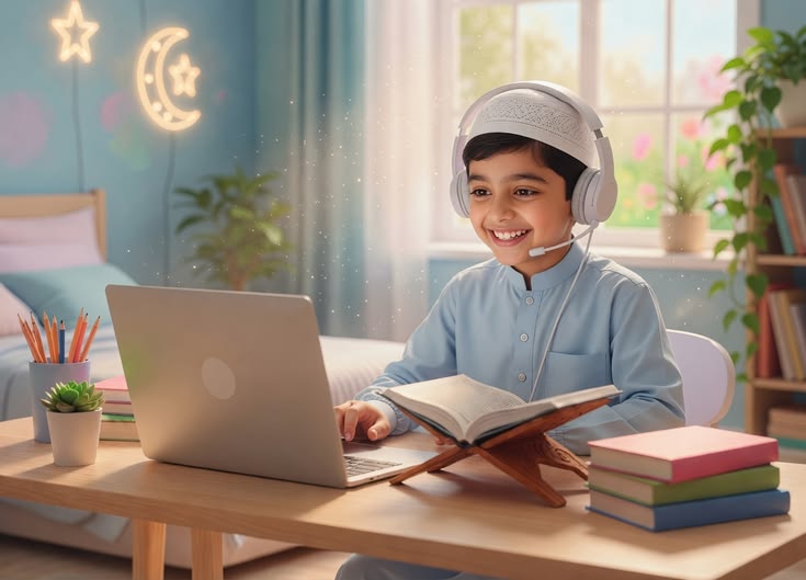 A horizontal photo-realistic 3D illustration of a smiling young boy wearing a white prayer cap and white headset, sitting at a wooden desk with an open laptop and a book on a wooden stand in a beautifully lit child's bedroom, showcasing the best age to learn Quran online.