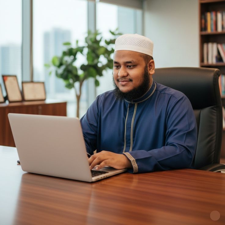 What Makes a Good Online Quran Meaning Teacher A smiling bearded Muslim man wearing a white prayer cap and a blue thobe sits at a wooden desk in an office, typing on a laptop computer with a bookshelf and a window view in the background.