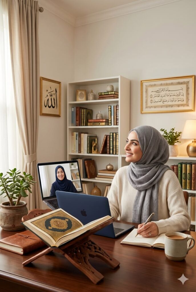 A smiling young Muslim woman wearing a grey hijab and cream sweater sits at a wooden desk with a pen and notebook, taking an online Quran class on a laptop displaying her female teacher on screen, with an open Quran on a wooden stand nearby.