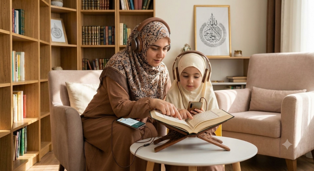 A horizontal lifestyle photograph of a Muslim mother in a patterned brown hijab and brown headphones sitting next to her young daughter who is wearing a cream hijab and gold headphones while holding a smartphone, both looking at an open Quran on a wooden stand over a round white table.