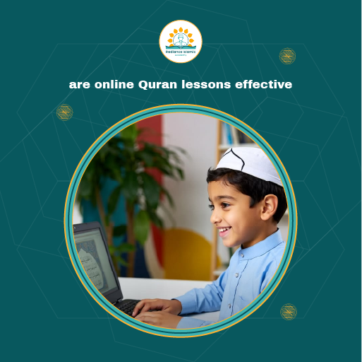 are online Quran lessons effective A student in a light-colored hijab wearing a headset with a microphone sits at a desk facing a laptop screen with an open Quran nearby, framed in a circle on a teal background featuring the title "Is It Safe to Learn Quran Online?" and the Radiance Islamic Academy logo.