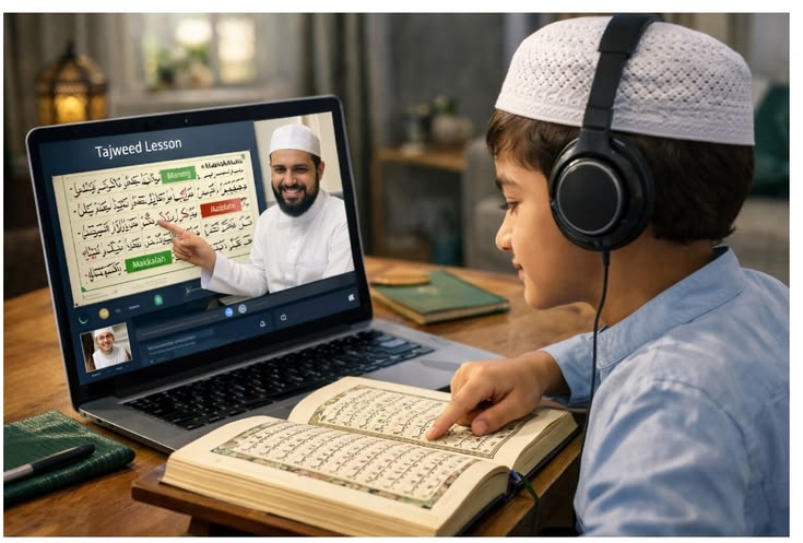 A young boy wearing a white prayer cap and headphones following along in a physical Quran while attending an online Tajweed lesson on a laptop with a male teacher pointing at Quranic rules on the screen.